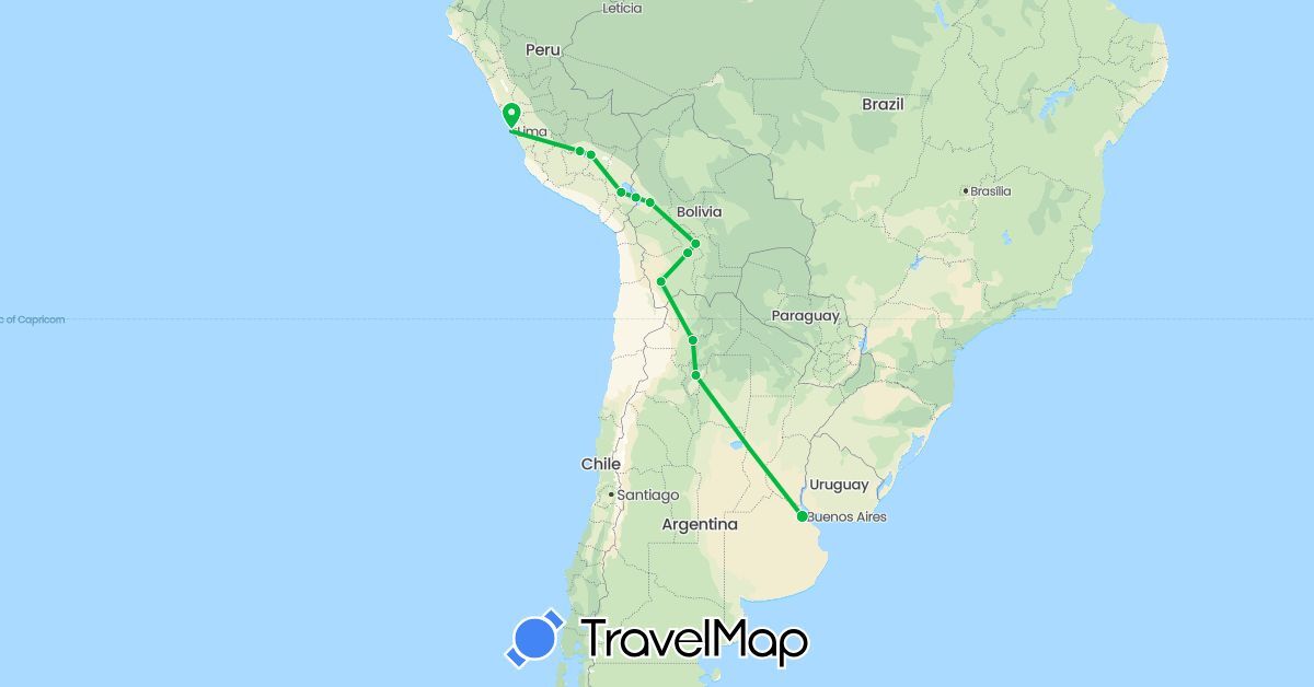 TravelMap itinerary: bus in Argentina, Bolivia, Peru (South America)